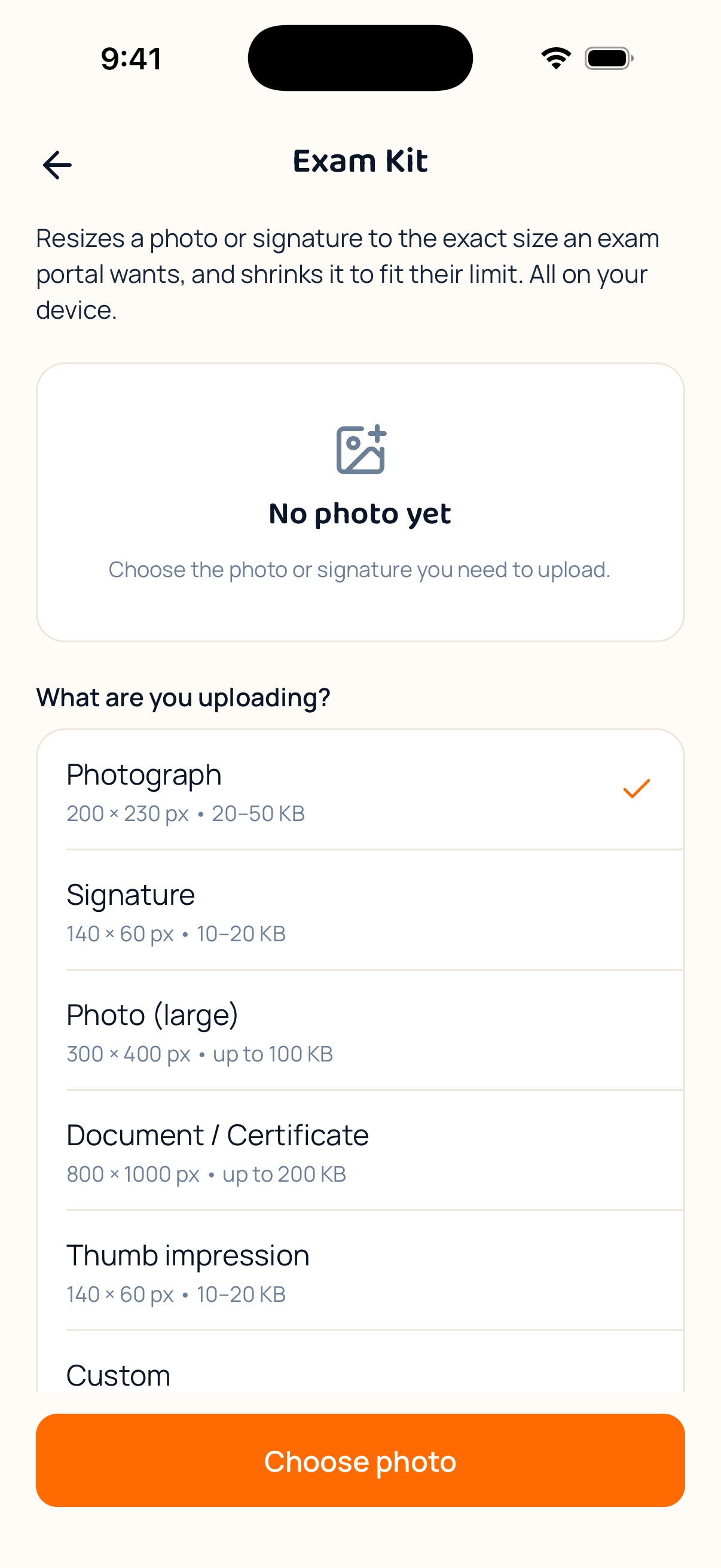 The Exam Document Kit sizing a photo to an exam portal’s exact requirements